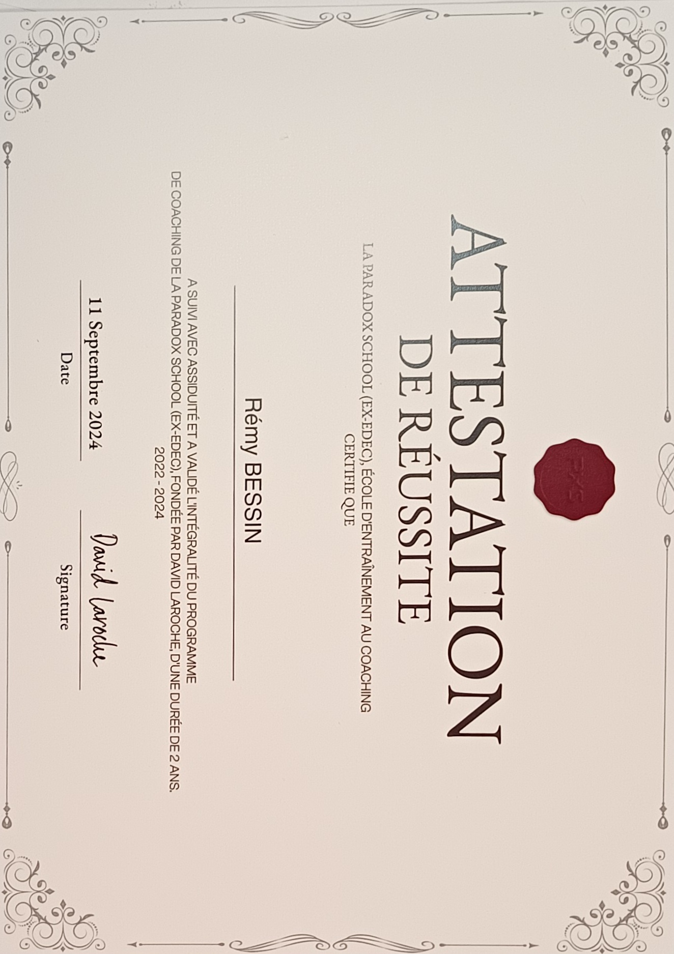 Attestation de réussite à la formation de coaching de la Paradox School EDEC